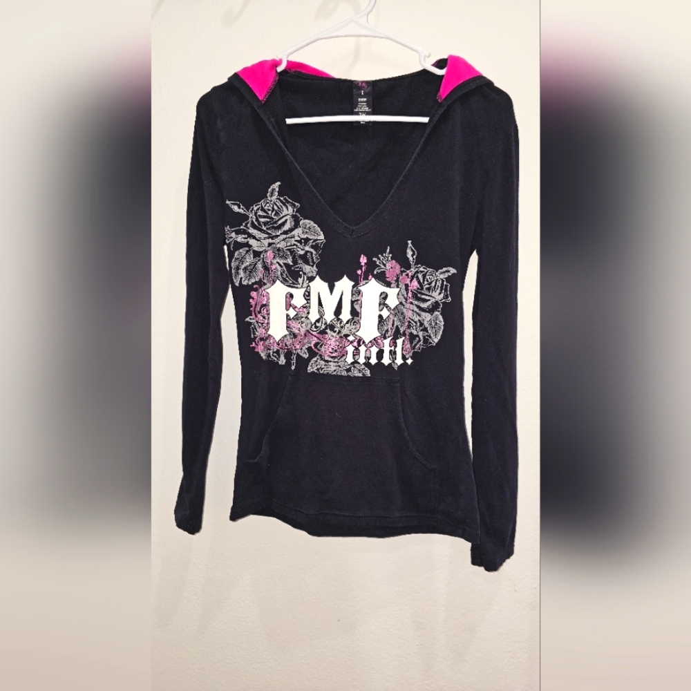 FMF black long sleeved shirt with hot pink lined hood. Size large.